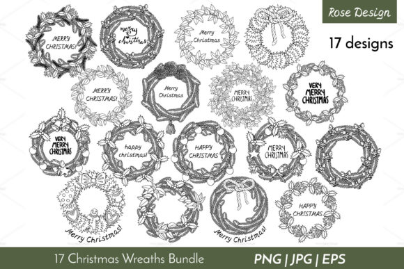 Black and White Christmas Wreaths Bundle Illustrations