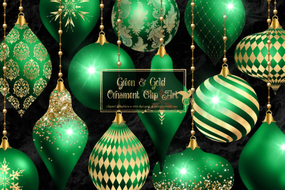 Green and Gold Christmas Ornaments Clipa Illustrations