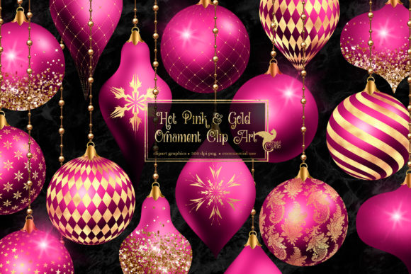 Hot Pink and Gold Christmas Ornaments Illustrations