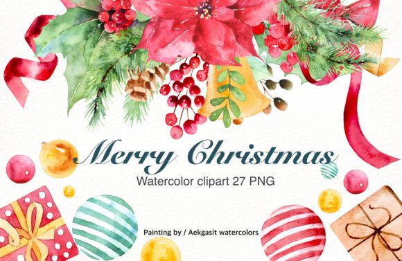 Merry Christmas Watercolor Clip Art for Blog and Web Design