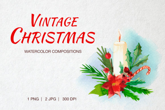 Vintage Christmas Watercolor Composition Illustrations